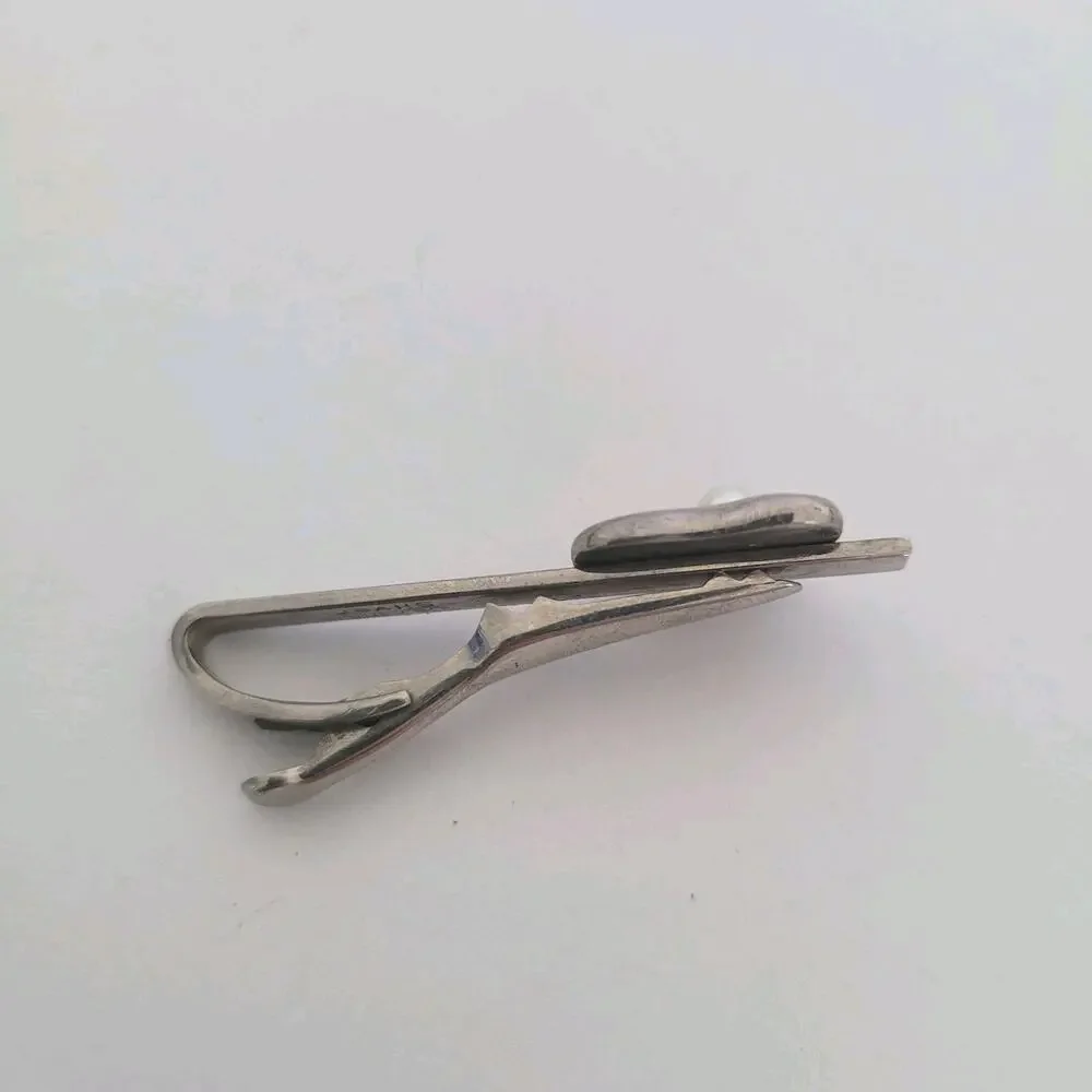 German Silver Tone Tie Bar Clip‎ Stick Clasp Pearl Unbranded Vintage